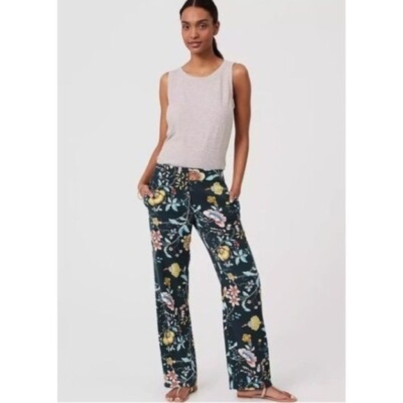 NWT Ann Taylor LOFT Women's Green Vine Floral Fluid Trouser Pants Size 8 Petite - Picture 2 of 13